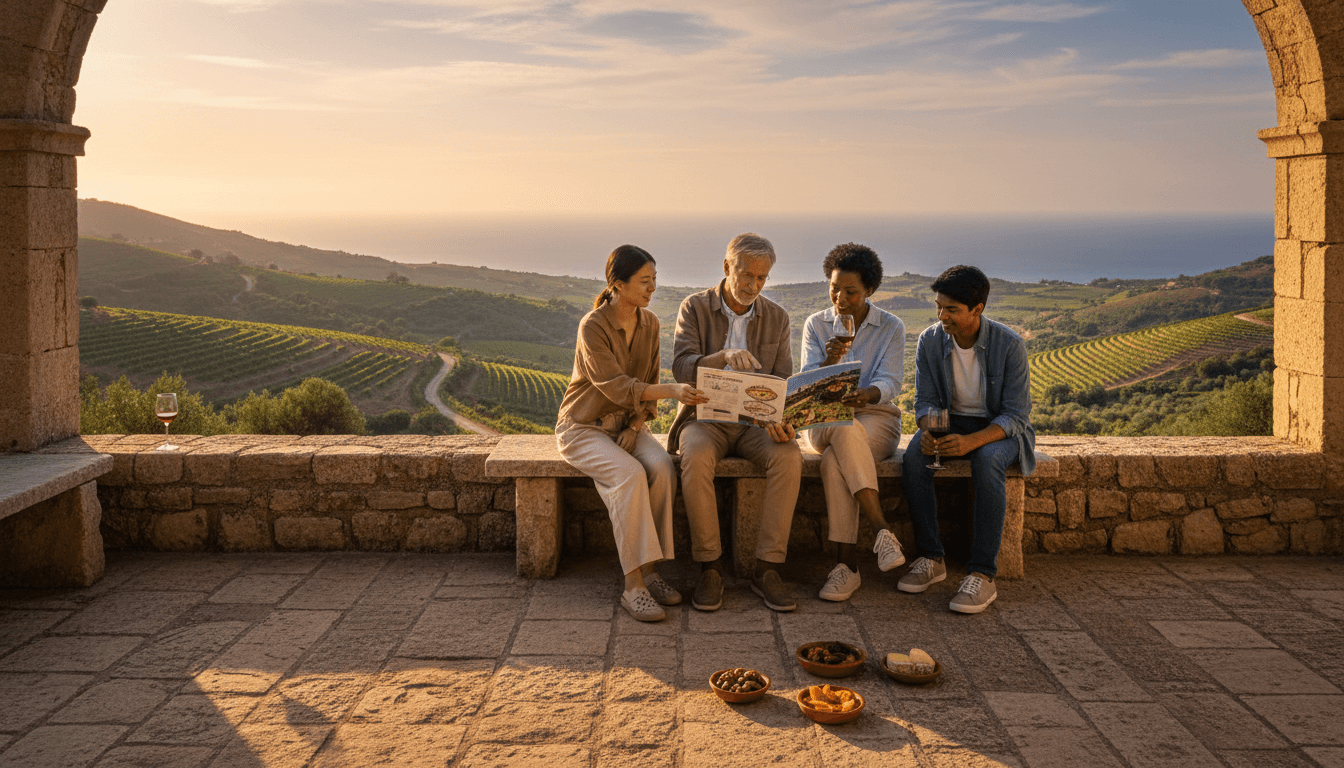 Diverse group of travelers enjoying sunset from Mediterranean terrace with coastal landscape view Diverse group of travelers enjoying sunset from Mediterranean terrace with coastal landscape view